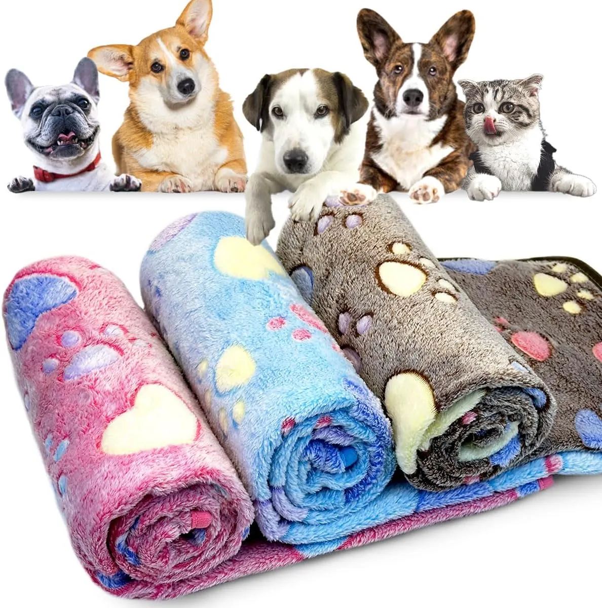1 Pack 3 Super Soft Flannel Dog Blankets, 41 x 31in - Cute Claw Pattern Pet Blanket Mat for Large Dogs