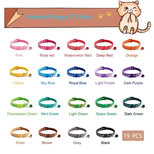 19 PCS Puppy ID Collars Footprint Puppy Collars Puppy Collars with Bell Adjustable Puppy Collars Cat Head Shape Safety Buckle Collars Newborn Puppy Puppy Cat Collars