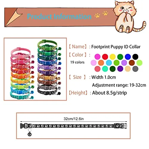 19 PCS Puppy ID Collars Footprint Puppy Collars Puppy Collars with Bell Adjustable Puppy Collars Cat Head Shape Safety Buckle Collars Newborn Puppy Puppy Cat Collars