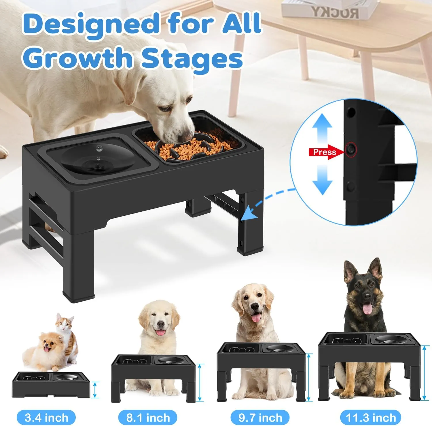 2-in-1 Elevated Slow Feeder Dog Bowls, 4 Height Adjustable Raised Dog Bowls Stand with No Spill Water Bowl, Non-Skid Pet Food Feeding Set for Small, Medium, Large Dogs Cats