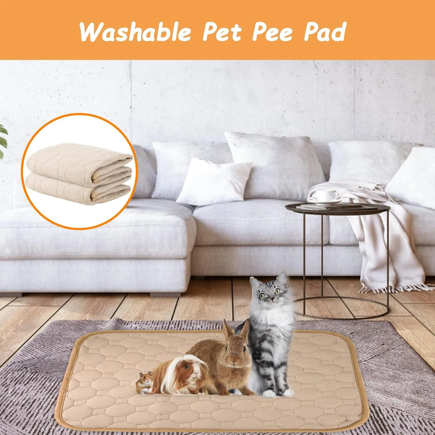 2 Pack Washable Dog Pee Pads, 16x20 Reusable Puppy Pads, Waterproof Anti Slip Pet Training Pads for Small Animals Rabbit Hamste Bunny Puppy Cat (Beige/Gray) (Small)