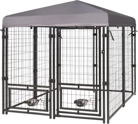 4.5' x 4.5' x 4.8' Outdoor Dog Kennel, Large Heavy Duty Metal Dog Cage Dog Pen Enclosure House with Roof & Rotating Feeding Door