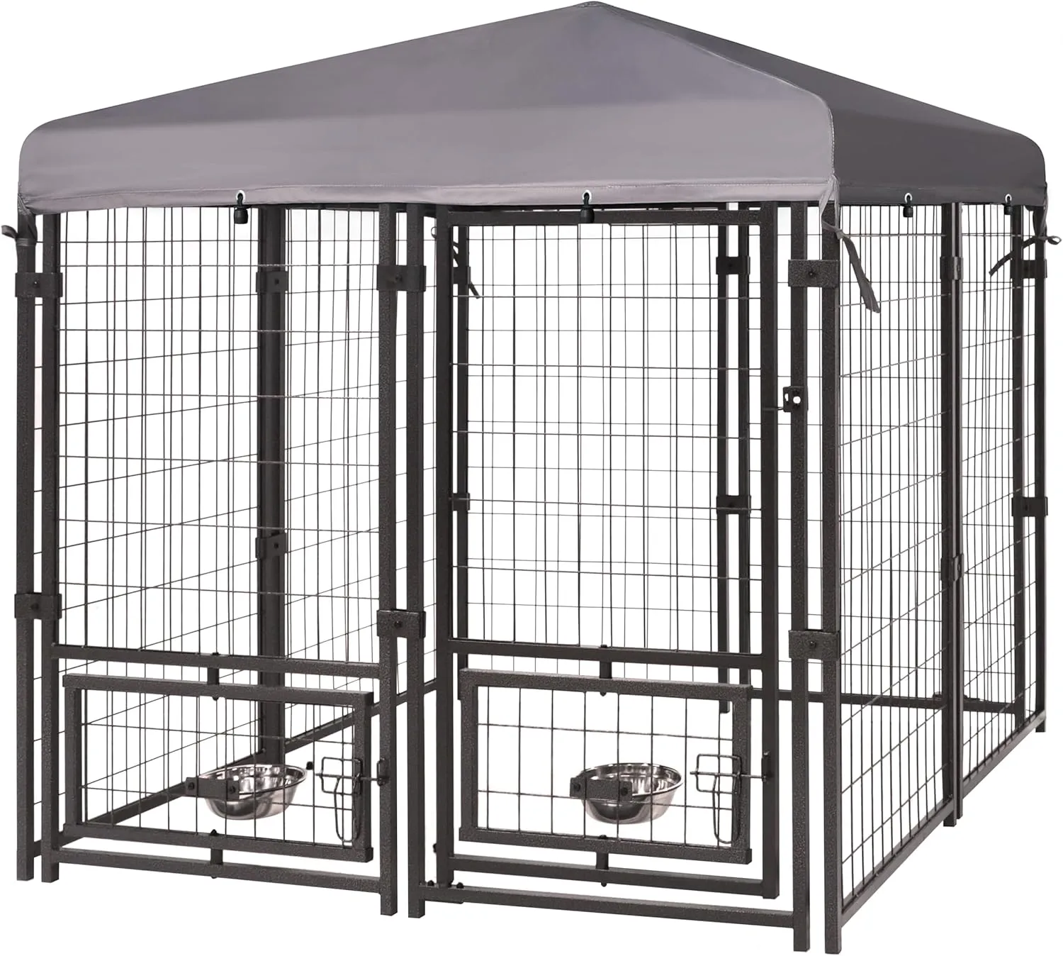 4.5' x 4.5' x 4.8' Outdoor Dog Kennel, Large Heavy Duty Metal Dog Cage Dog Pen Enclosure House with Roof & Rotating Feeding Door