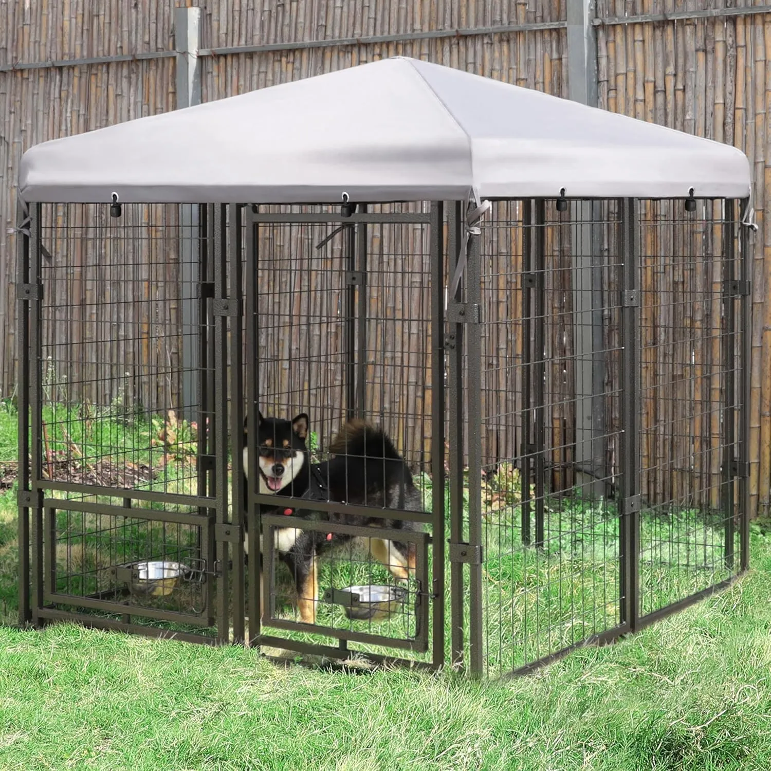 4.5' x 4.5' x 4.8' Outdoor Dog Kennel, Large Heavy Duty Metal Dog Cage Dog Pen Enclosure House with Roof & Rotating Feeding Door