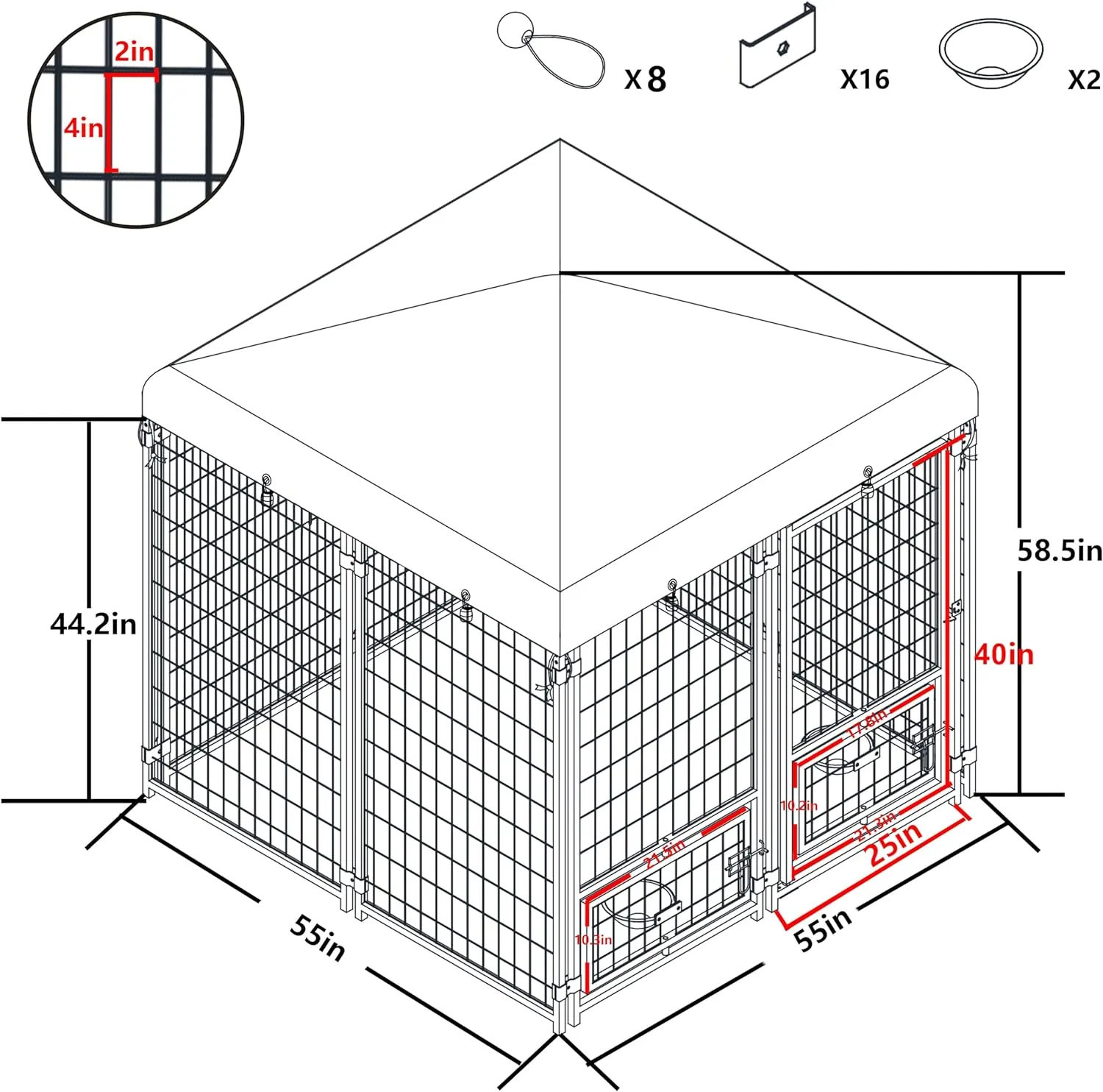 4.5' x 4.5' x 4.8' Outdoor Dog Kennel, Large Heavy Duty Metal Dog Cage Dog Pen Enclosure House with Roof & Rotating Feeding Door