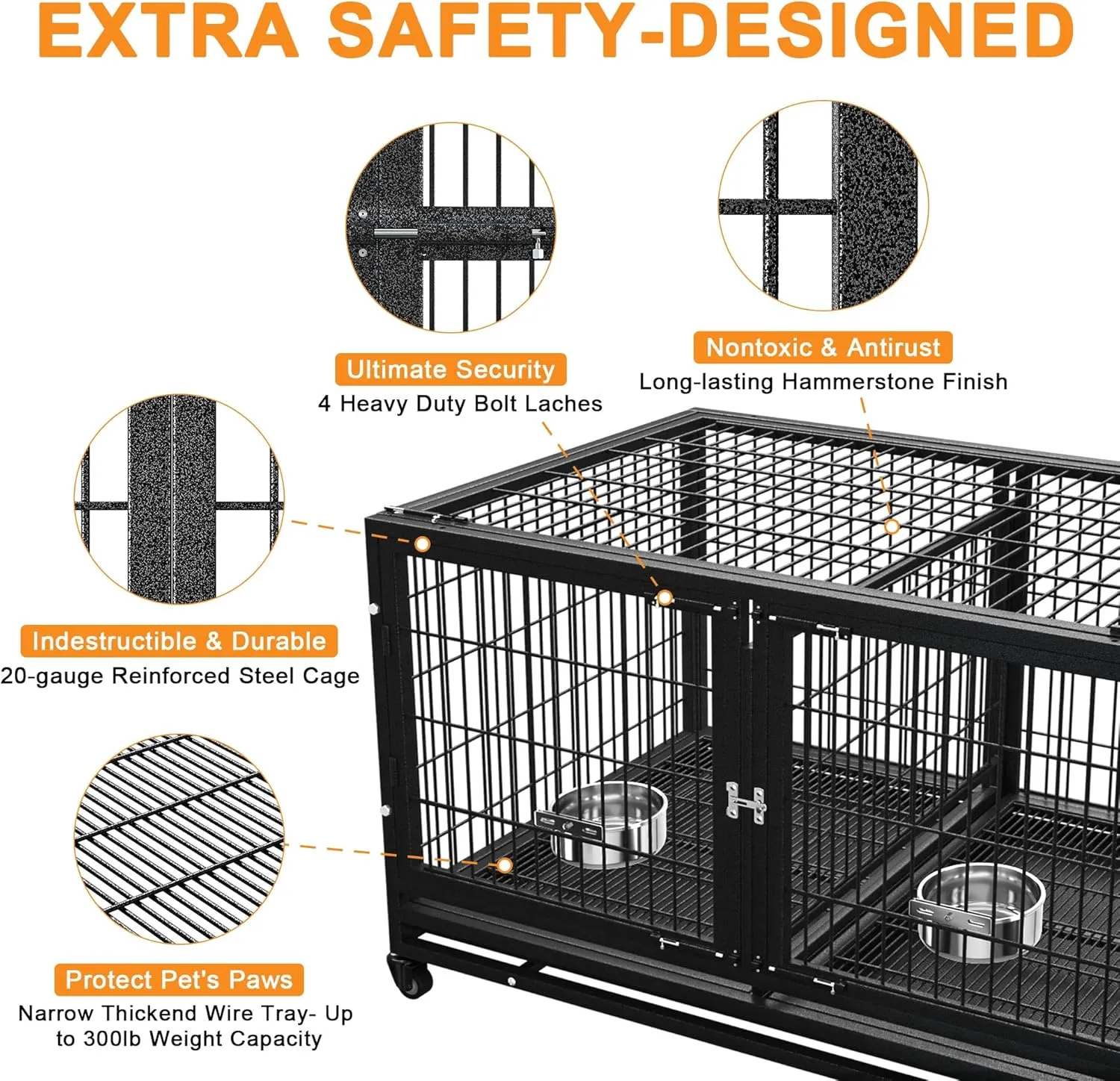 48/43 inch Heavy Duty Dog Crate with Divider for Large Dogs, Stackable Dog Kennels and Metal Wire Cages with Feeding Bowls, Leak-Proof Pans, Removable Wire Trays, Extra Large XL XXL