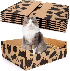 5Pcs Disposable Litter Boxes for Cats 15 x 11.4 x 4.7 Inch Foldable Kraft Pet Litter Pan Black Kitty Print Portable Paper Toilet Tray for Travel Multi-Cats Home