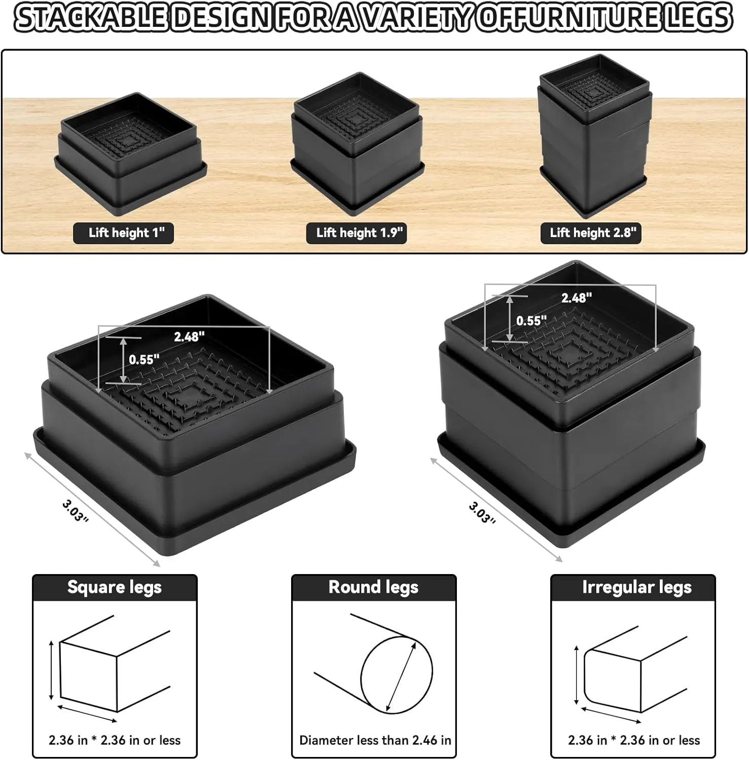 Adjustable Bed Furniture Risers Elevation in Heights Heavy Duty Risers for Both Posts Furniture Sofa Bed Couch Chair Table (8 Pack, 1 in)