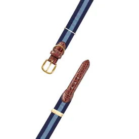 Adjustable Navy & Light Blue Grosgrain Dog Collar with Embossed Calf Tabs