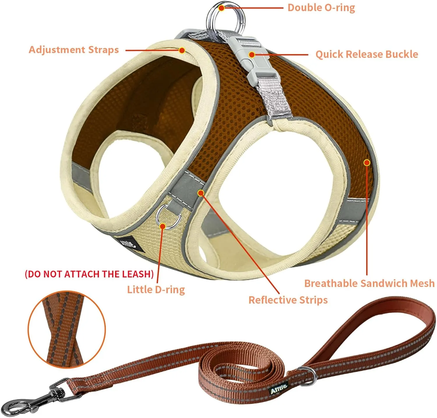 AIITLE Step in Dog Harness and Leash Set - Spring No Pull Escape Proof Vest Harnesses with Soft Mesh and Reflective Bands, Adjustable Pet Outdoor Harnesses for Small and Medium Dogs Beige M