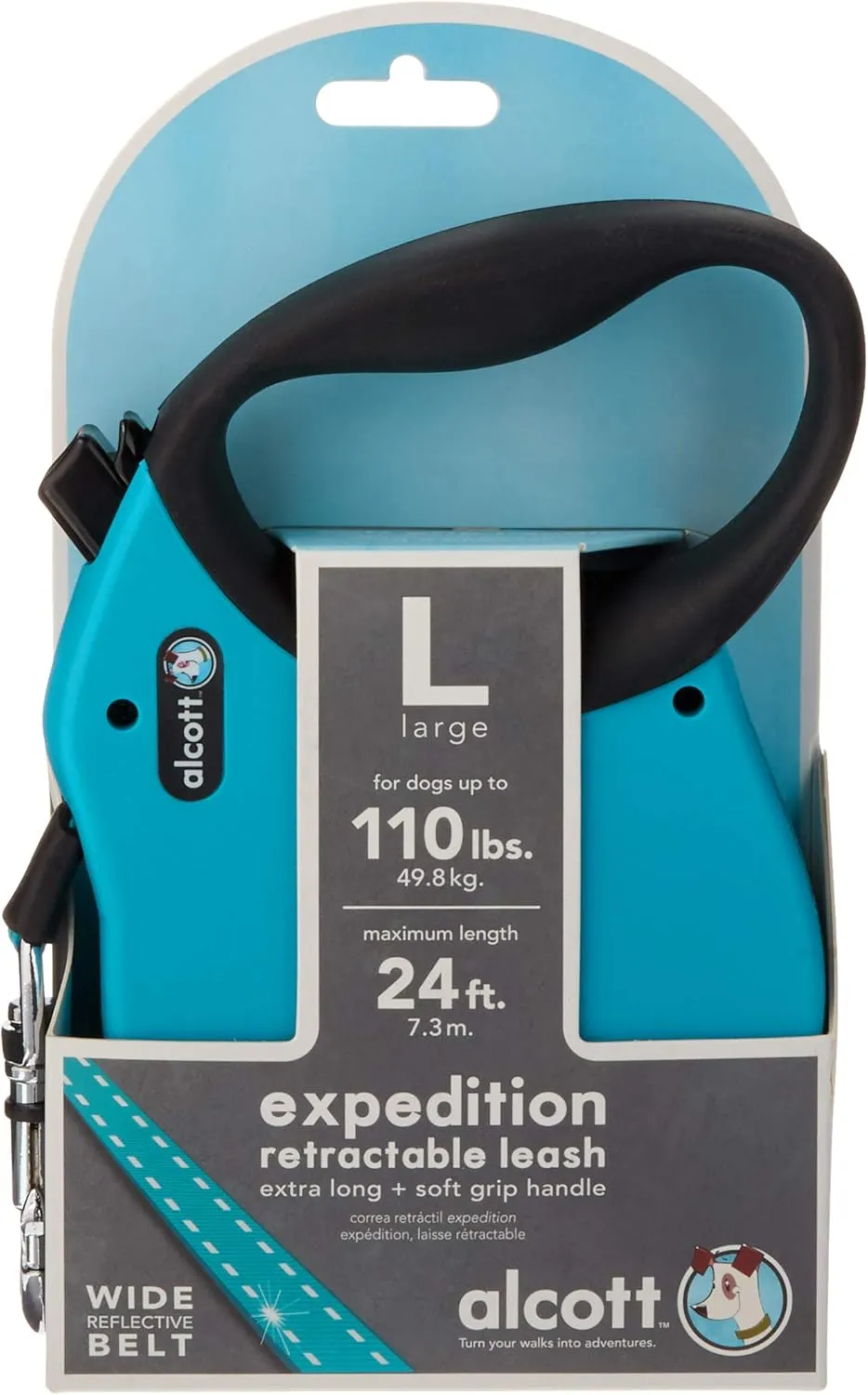 Alcott Expedition Retractable Reflective Belt Leash, 24' Long, Large for Dogs Up to 110 lbs, Blue with Black Soft Grip Handle,Large (Pack of 1),RLSH EX LG BL