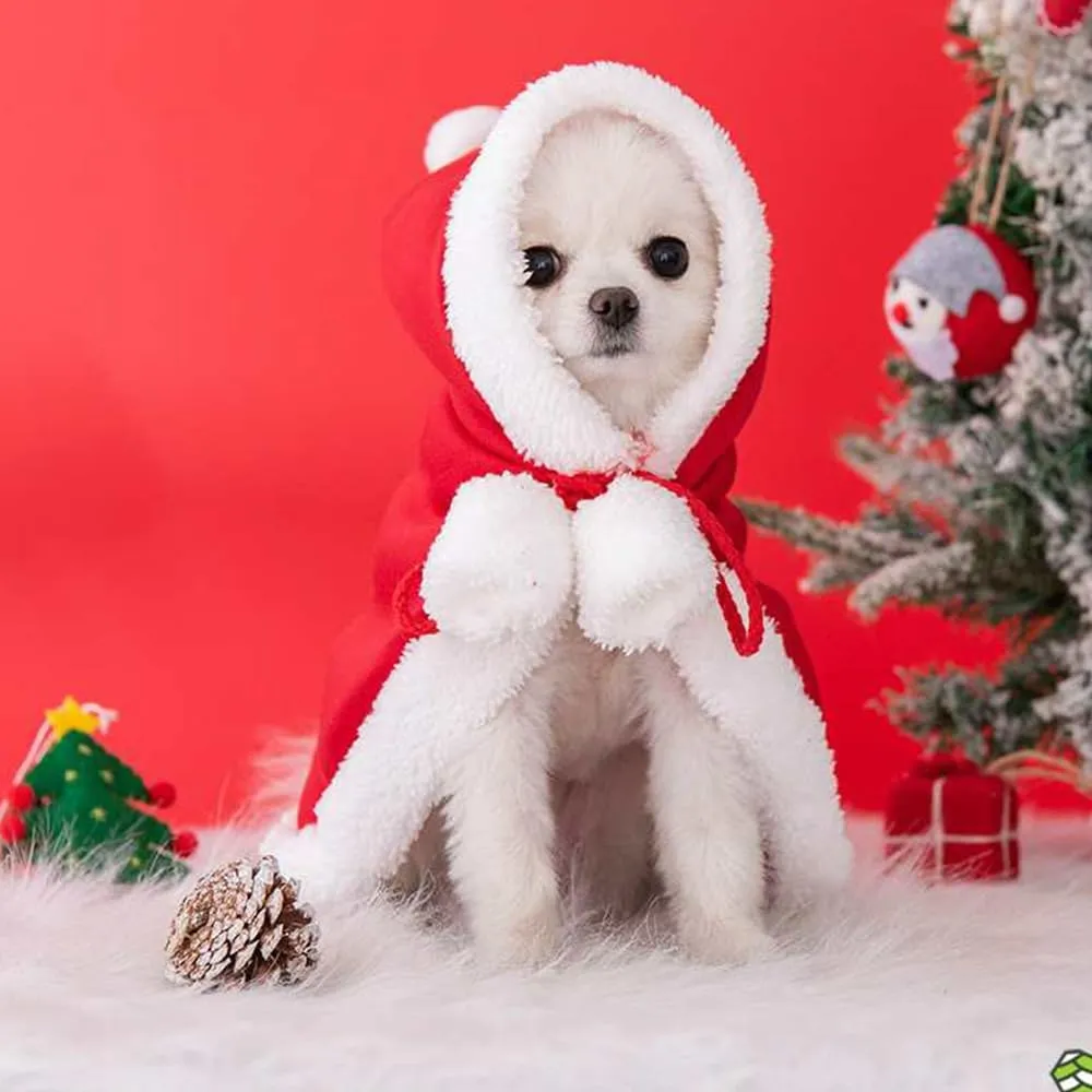 ANIAC Pet Christmas Costume Poncho Cape with Hat Santa Claus Cloak for Cats and Small Dogs Red Christmas Dog Costume Holiday Cat Outfit (Large)