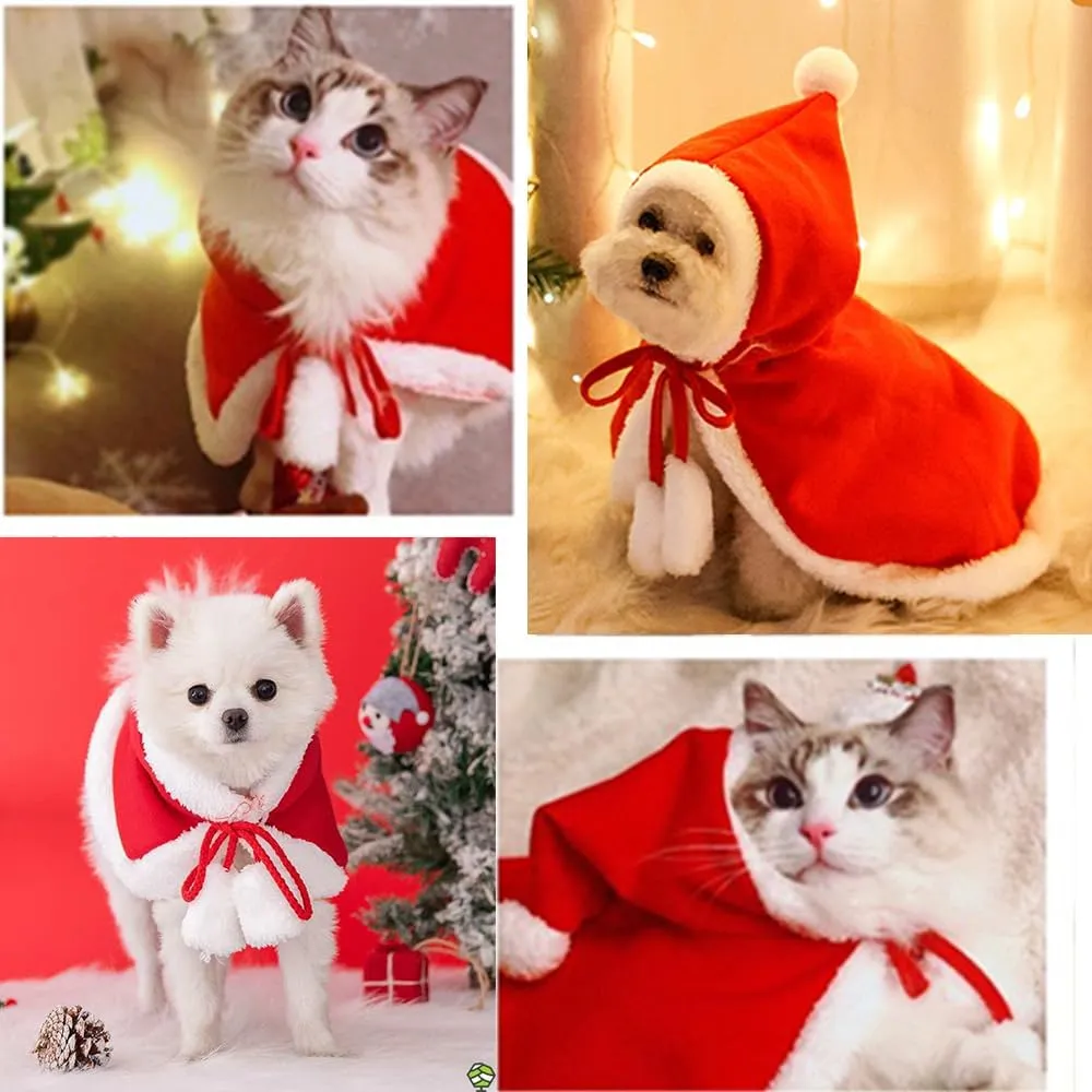 ANIAC Pet Christmas Costume Poncho Cape with Hat Santa Claus Cloak for Cats and Small Dogs Red Christmas Dog Costume Holiday Cat Outfit (Large)