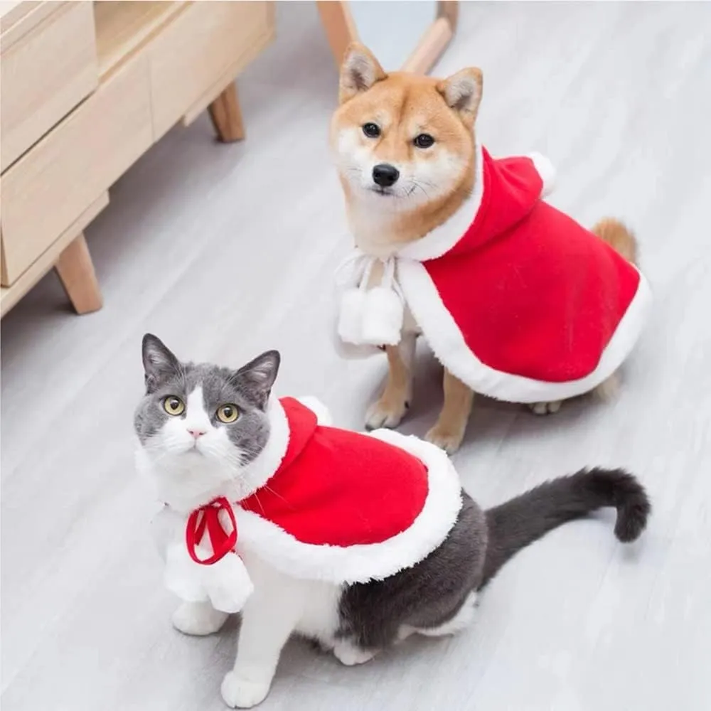 ANIAC Pet Christmas Costume Poncho Cape with Hat Santa Claus Cloak for Cats and Small Dogs Red Christmas Dog Costume Holiday Cat Outfit (Large)