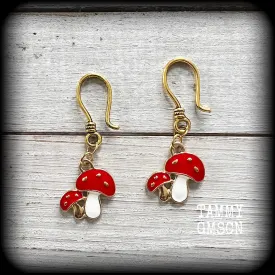 Antique gold and enamel red toadstool earrings-Cottagecore earrings