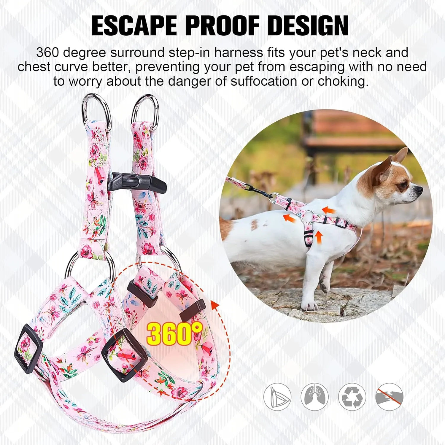 BEAUTYZOO No Pull Dog Harness and Leash Set - Adjustable Step-in Puppy Harness for Small Medium Large Dogs, Escape Proof Soft Nylon Vest with Double D Ring for Walking Running Training, Pink XS