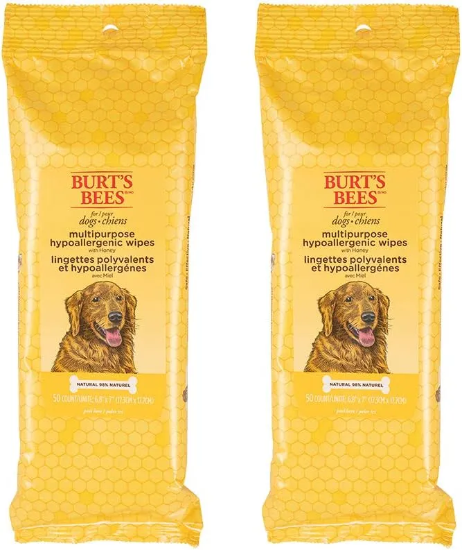 Burt's Bees for Pets Multipurpose Dog Wipes with with Honey, 98% Natural Origin Formulas, Hypoallergenic Dogs Wipe, Canine Cleaning Sheets for Paws and Butt, 2pk, 50ct