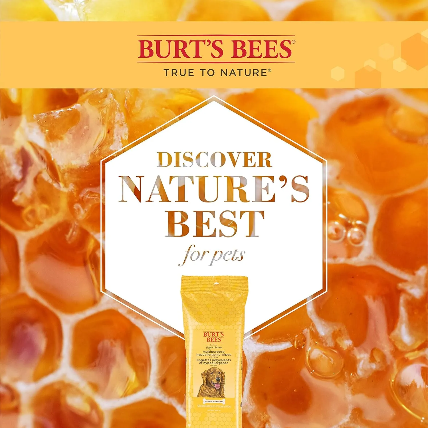 Burt's Bees for Pets Multipurpose Dog Wipes with with Honey, 98% Natural Origin Formulas, Hypoallergenic Dogs Wipe, Canine Cleaning Sheets for Paws and Butt, 2pk, 50ct