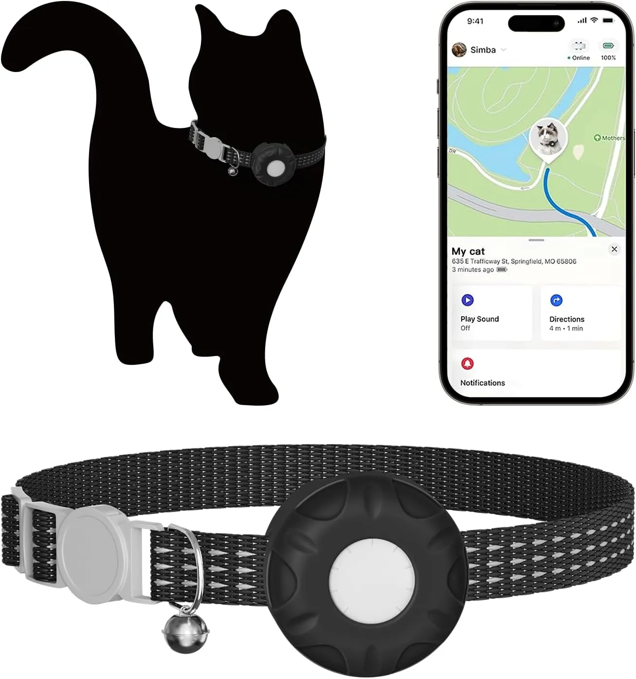 Cat GPS Tracker, Waterproof Pet Tracker for Cats, Cat Tracker Collar with Safety Elastic Buckle, Works with Any Collar,Compatible with Apple Find My App (Only iOS), No Monthly Fee, Black