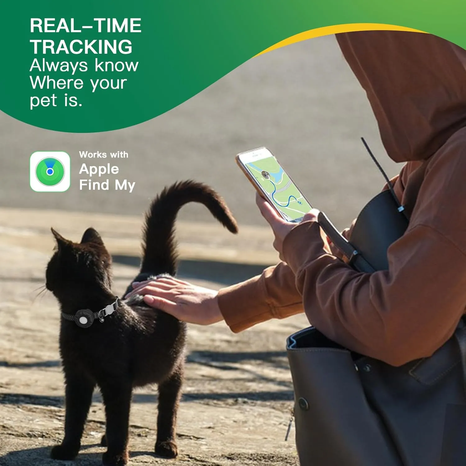 Cat GPS Tracker, Waterproof Pet Tracker for Cats, Cat Tracker Collar with Safety Elastic Buckle, Works with Any Collar,Compatible with Apple Find My App (Only iOS), No Monthly Fee, Black