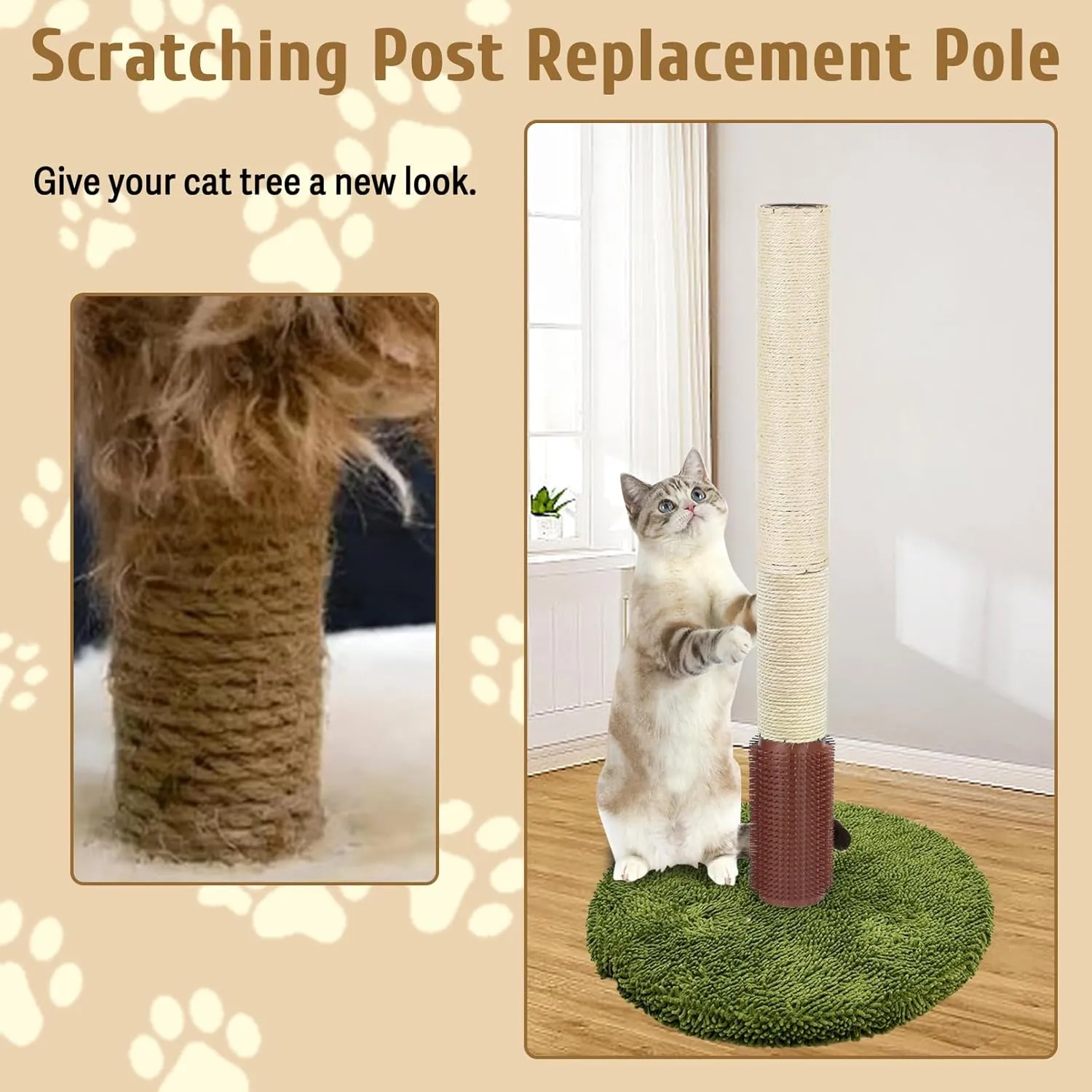 Cat Scratching Post Replacement Pole Refill 15.7in M8 Cats Tower Replacement Parts with Self Groomer Massager Spare Jute Kitty Tree Refurbishment Accessories for Indoor Kittens (Khaki)