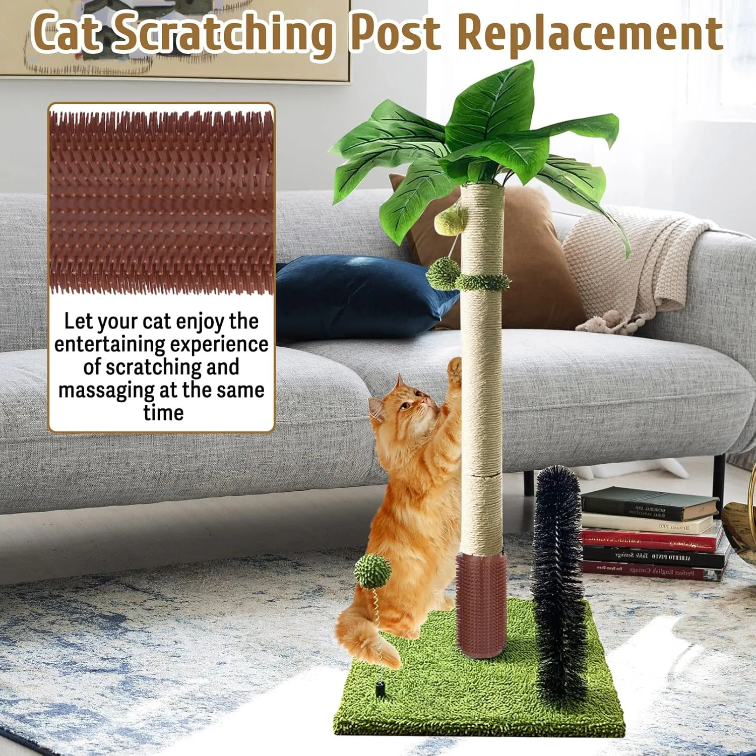 Cat Scratching Post Replacement Pole Refill 15.7in M8 Cats Tower Replacement Parts with Self Groomer Massager Spare Jute Kitty Tree Refurbishment Accessories for Indoor Kittens (Khaki)