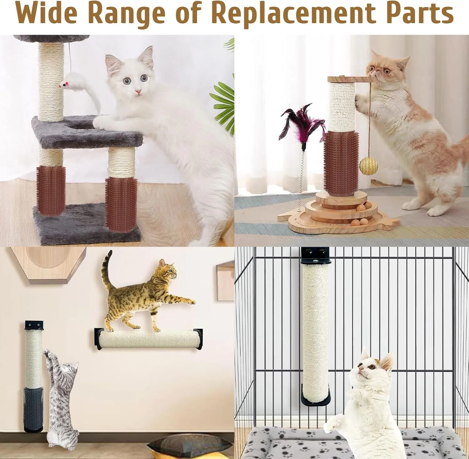 Cat Scratching Post Replacement Pole Refill 15.7in M8 Cats Tower Replacement Parts with Self Groomer Massager Spare Jute Kitty Tree Refurbishment Accessories for Indoor Kittens (Khaki)