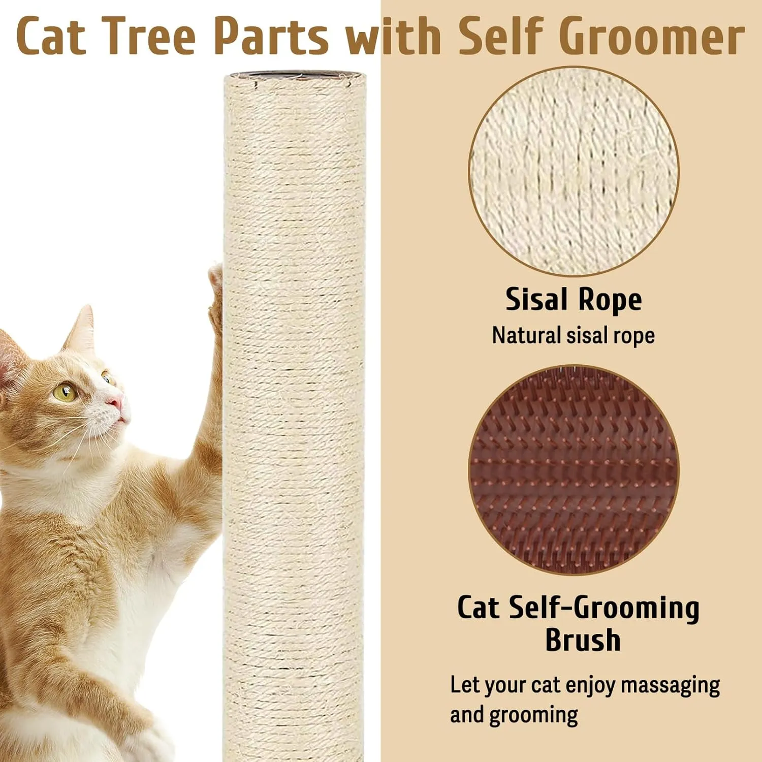Cat Scratching Post Replacement Pole Refill 15.7in M8 Cats Tower Replacement Parts with Self Groomer Massager Spare Jute Kitty Tree Refurbishment Accessories for Indoor Kittens (Khaki)