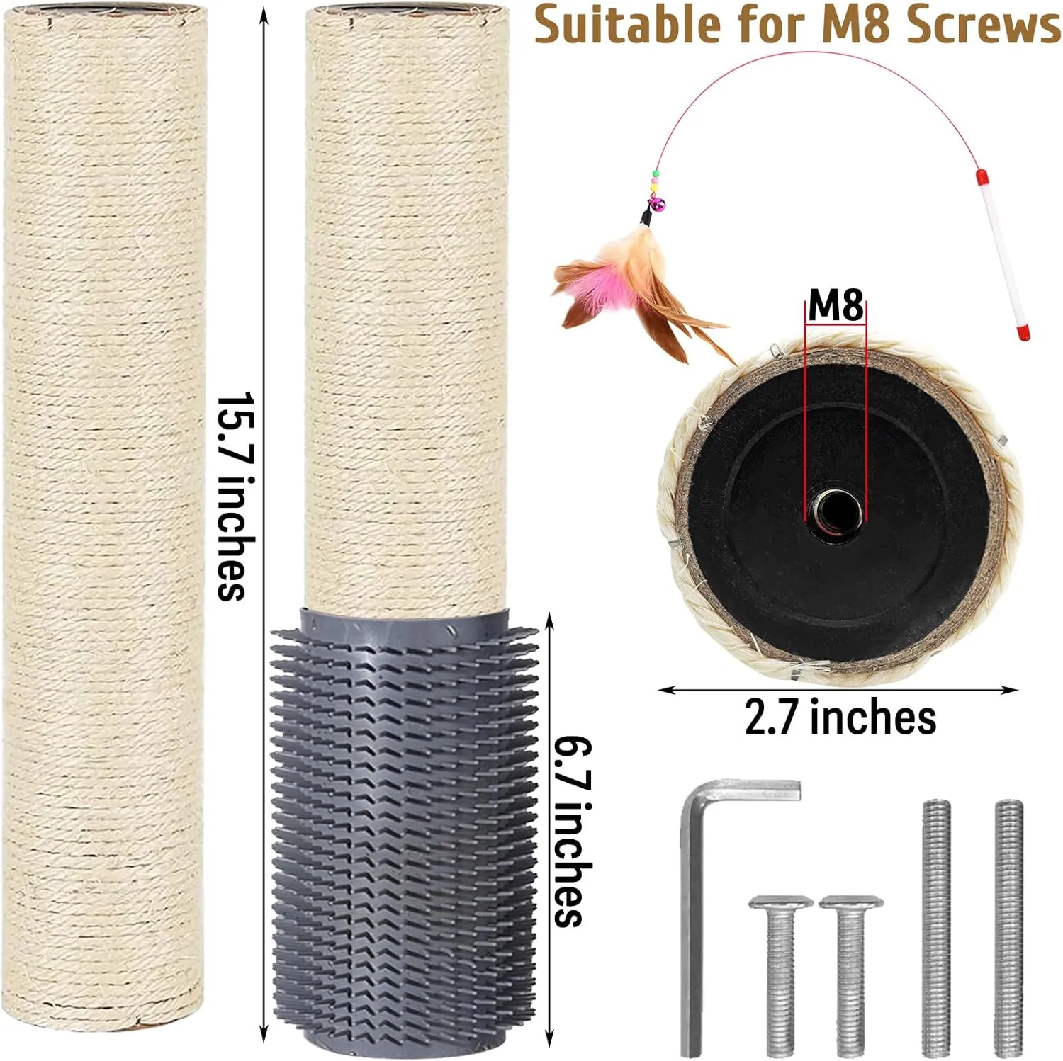 Cat Scratching Post Replacement Pole Refill 15.7in M8 Cats Tower Replacement Parts with Self Groomer Massager Spare Jute Kitty Tree Refurbishment Accessories for Indoor Kittens (Khaki)