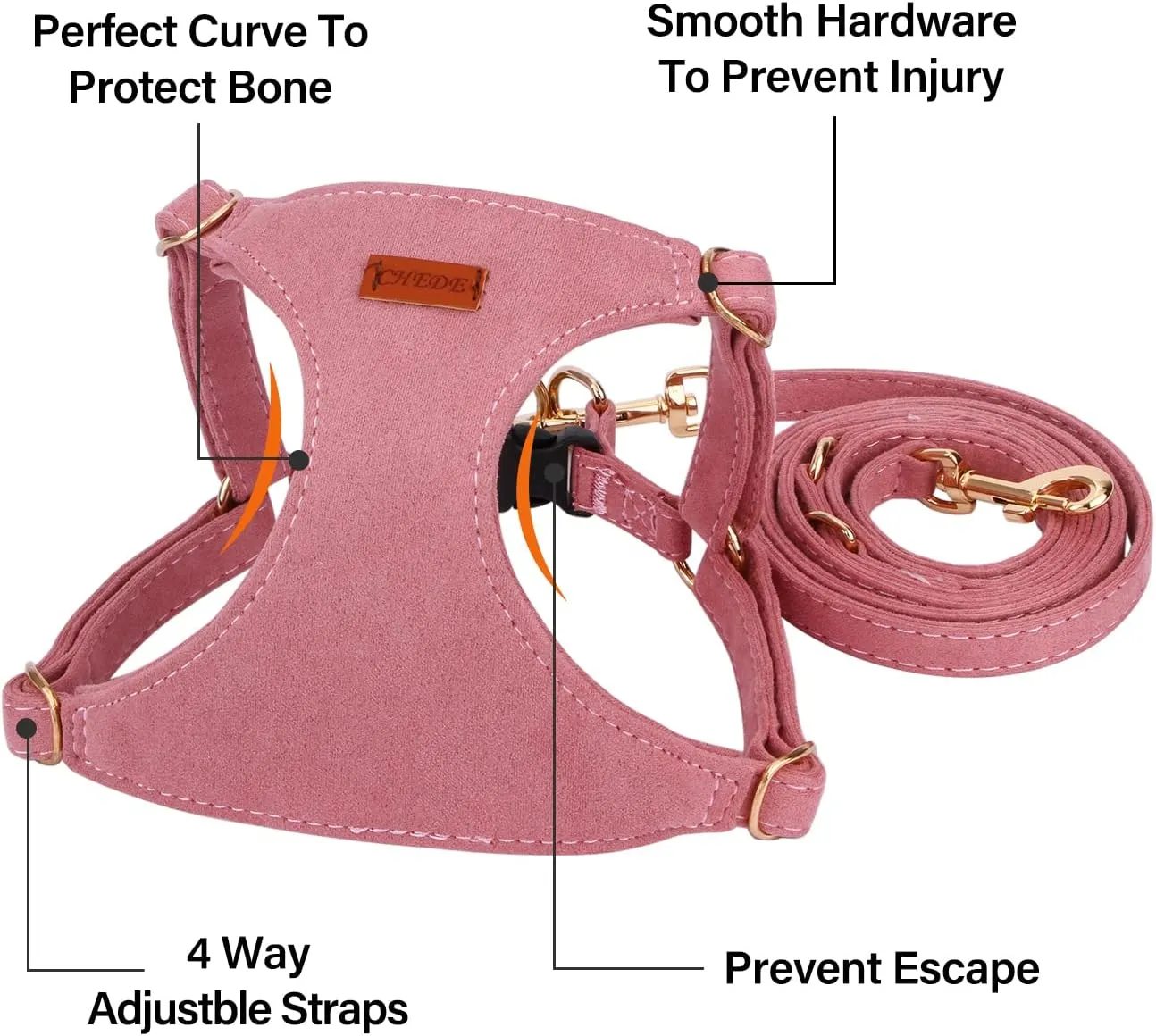 CHEDE No Pull Puppy Harness and Multifunction Dog Leash Set- 8 Colors Soft Adjustable No Choke Escape Proof Cute,Lightweight Pet Vest Harness for Small and Medium Dog (M, Antique Pink)