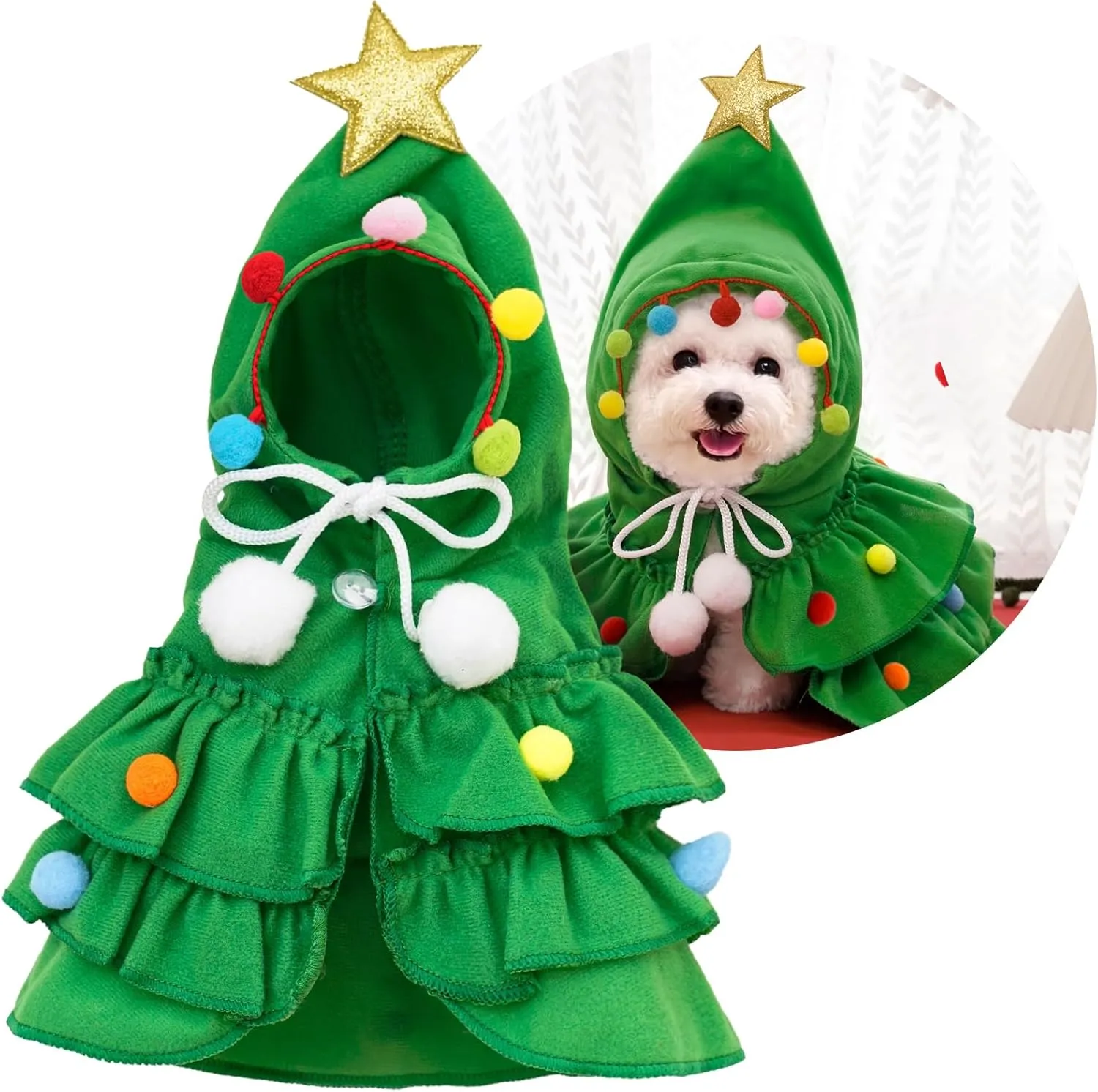Dog Christmas Costume for Small Dog and cat, Dog Christmas Outfit, Cat Cloak, Puppy Clothes, Pet Xmas Cloak with Star and Pompom