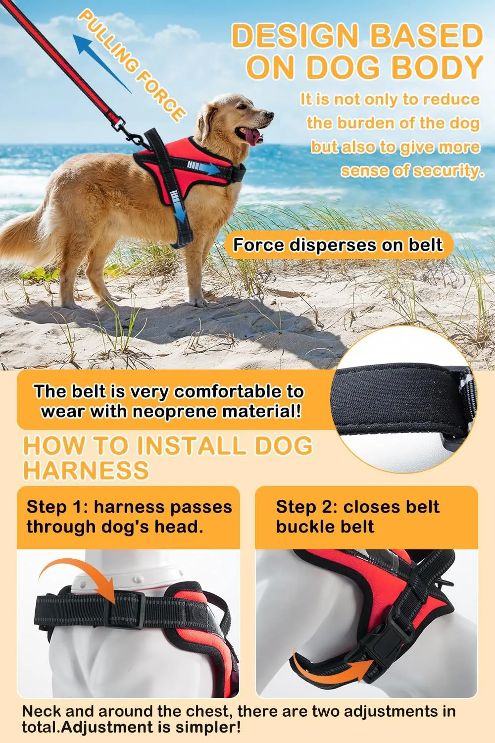 Dog Harness,Pet Vest Name Plate Pocket,No Choke,Reflective,Adjustable and Padded,for Easy Walking and Training for Small,Medium,Large Dogs(Red,L)