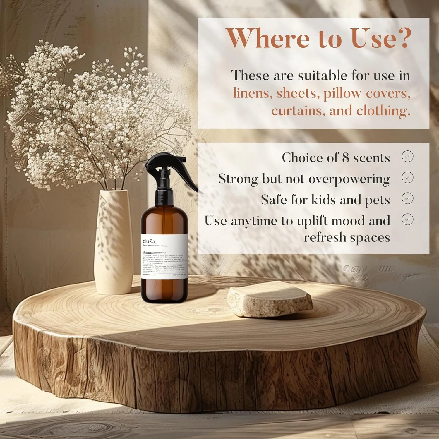 Dusa Lemongrass Room Spray - 16.9 fl oz - Ultimate Home Fragrance, Bed Room Essentials & Soothing Fabric - Natural Air Freshener & Linen Mist for Home - Eco-Friendly Odor Eliminator w/Aromatherapy