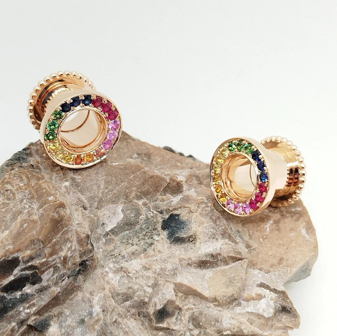 Earlets Tunnels Rainbow Stones Solid Gold 14k