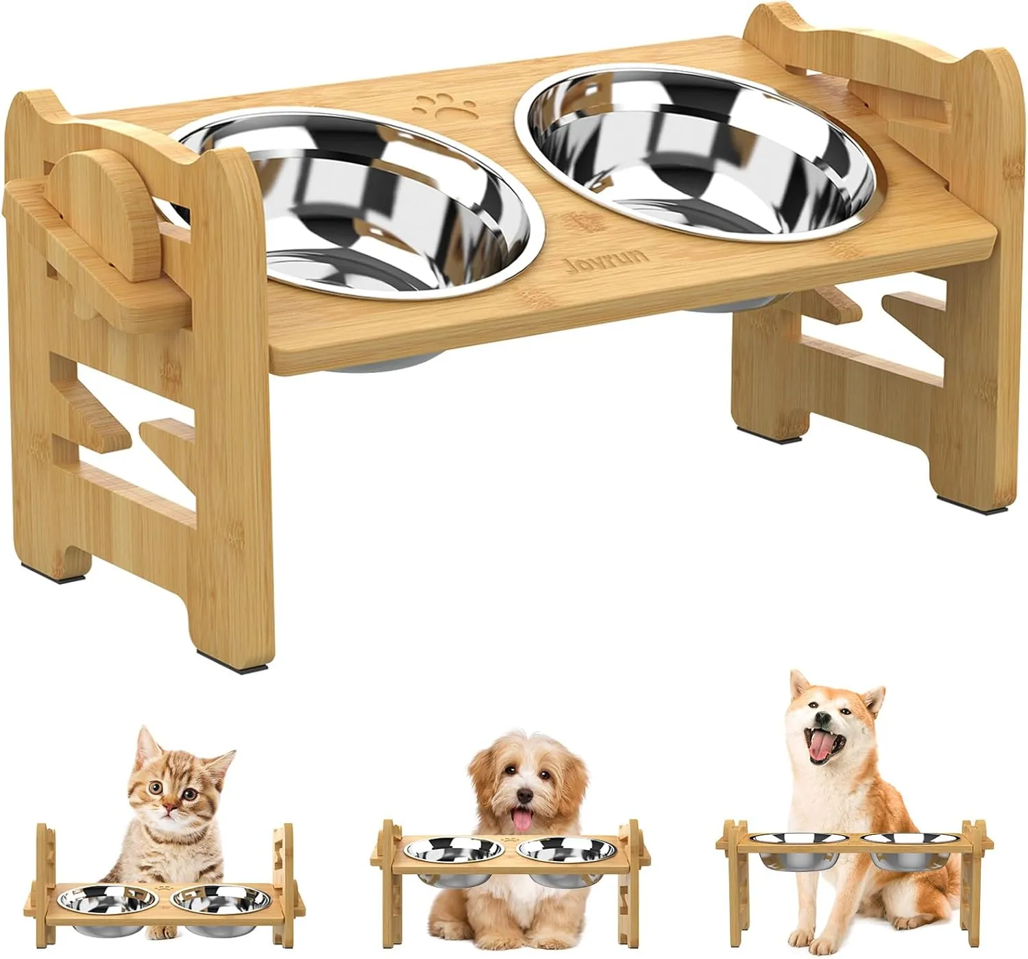 Elevated Dog Bowls, Adjustable Raised Dog Bowls Stand for Small Size Dogs and Cats, Durable Bamboo Dog Feeder with 2 Stainless Steel Bowls and Non-Slip Feet, Dog Food Bowls for Small Dogs Cats