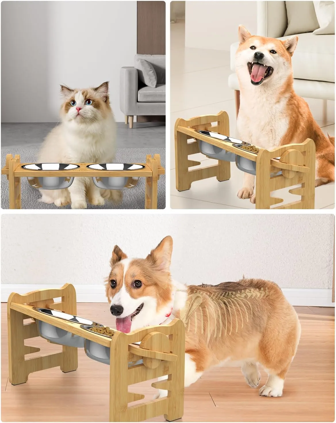Elevated Dog Bowls, Adjustable Raised Dog Bowls Stand for Small Size Dogs and Cats, Durable Bamboo Dog Feeder with 2 Stainless Steel Bowls and Non-Slip Feet, Dog Food Bowls for Small Dogs Cats