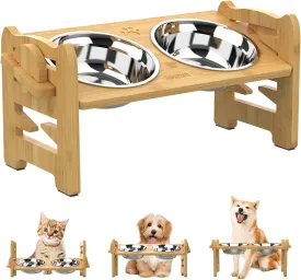 Elevated Dog Bowls, Adjustable Raised Dog Bowls Stand for Small Size Dogs and Cats, Durable Bamboo Dog Feeder with 2 Stainless Steel Bowls and Non-Slip Feet, Dog Food Bowls for Small Dogs Cats