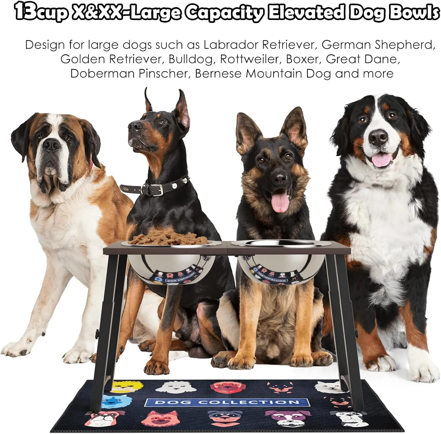 Elevated Dog Bowls with Spill-Proof Mat, 4 Adjustable Heights (for Large & Extra Large Breeds), Includes Two 3000ML Stainless Steel Bowls for Food & Wate