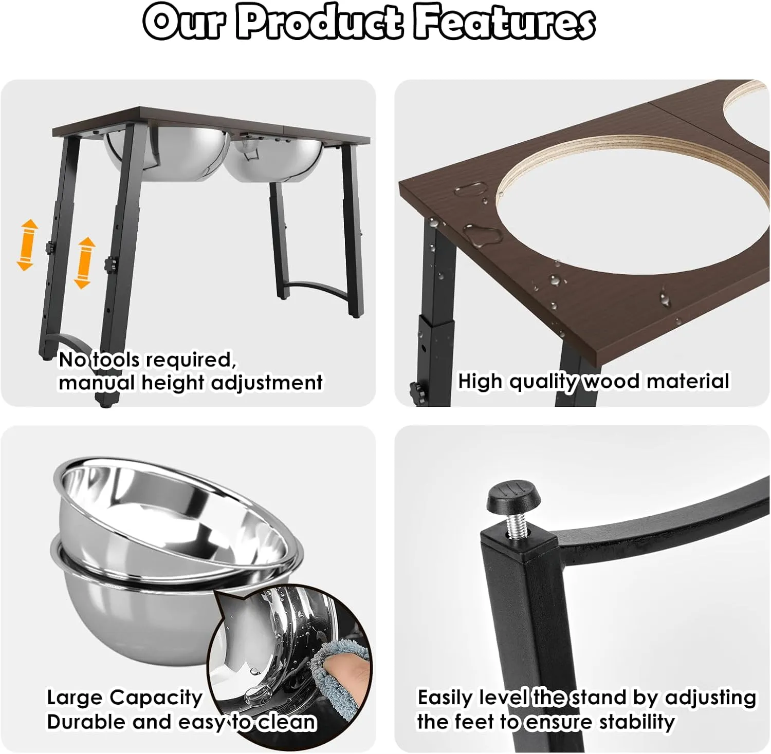 Elevated Dog Bowls with Spill-Proof Mat, 4 Adjustable Heights (for Large & Extra Large Breeds), Includes Two 3000ML Stainless Steel Bowls for Food & Wate