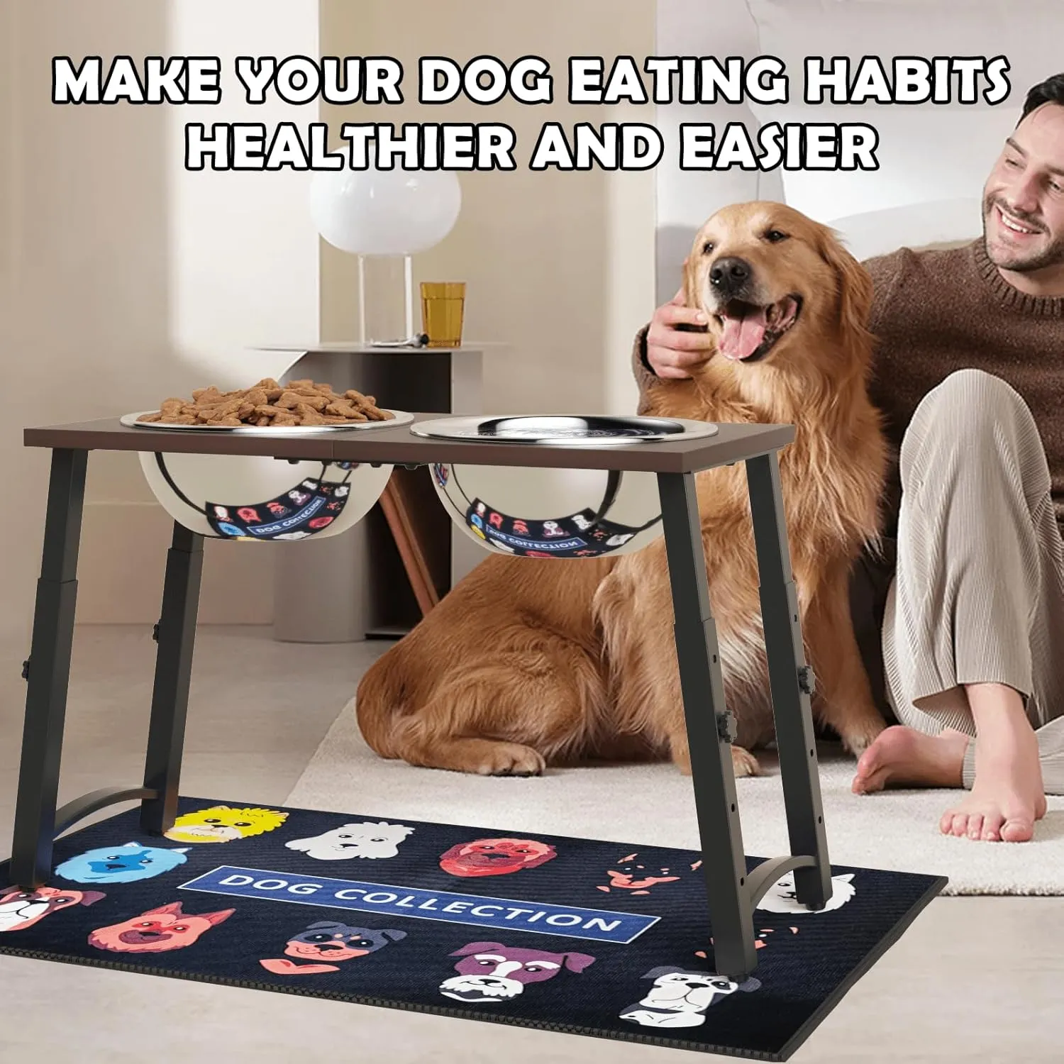 Elevated Dog Bowls with Spill-Proof Mat, 4 Adjustable Heights (for Large & Extra Large Breeds), Includes Two 3000ML Stainless Steel Bowls for Food & Wate
