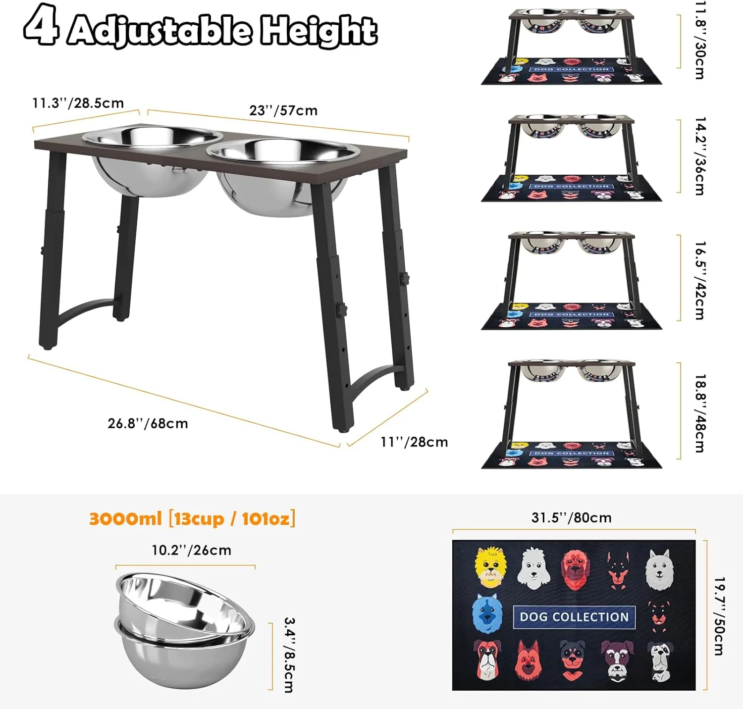 Elevated Dog Bowls with Spill-Proof Mat, 4 Adjustable Heights (for Large & Extra Large Breeds), Includes Two 3000ML Stainless Steel Bowls for Food & Wate