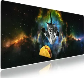 Extended XXL Gaming Mouse Pad with Stitched Edges for PC Home & Office - Curious Cat Flying Through Galaxy Space Reaching for a Taco Cute Kitten Funny Design, Smooth Fabric Surface Large Desk Mat