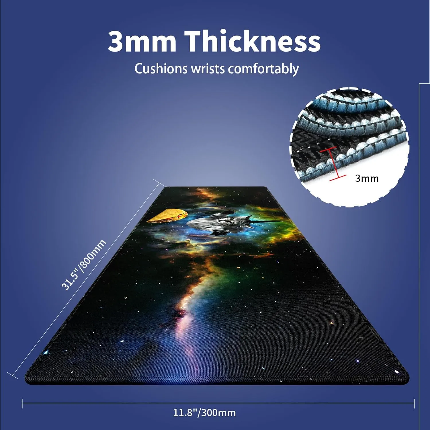 Extended XXL Gaming Mouse Pad with Stitched Edges for PC Home & Office - Curious Cat Flying Through Galaxy Space Reaching for a Taco Cute Kitten Funny Design, Smooth Fabric Surface Large Desk Mat