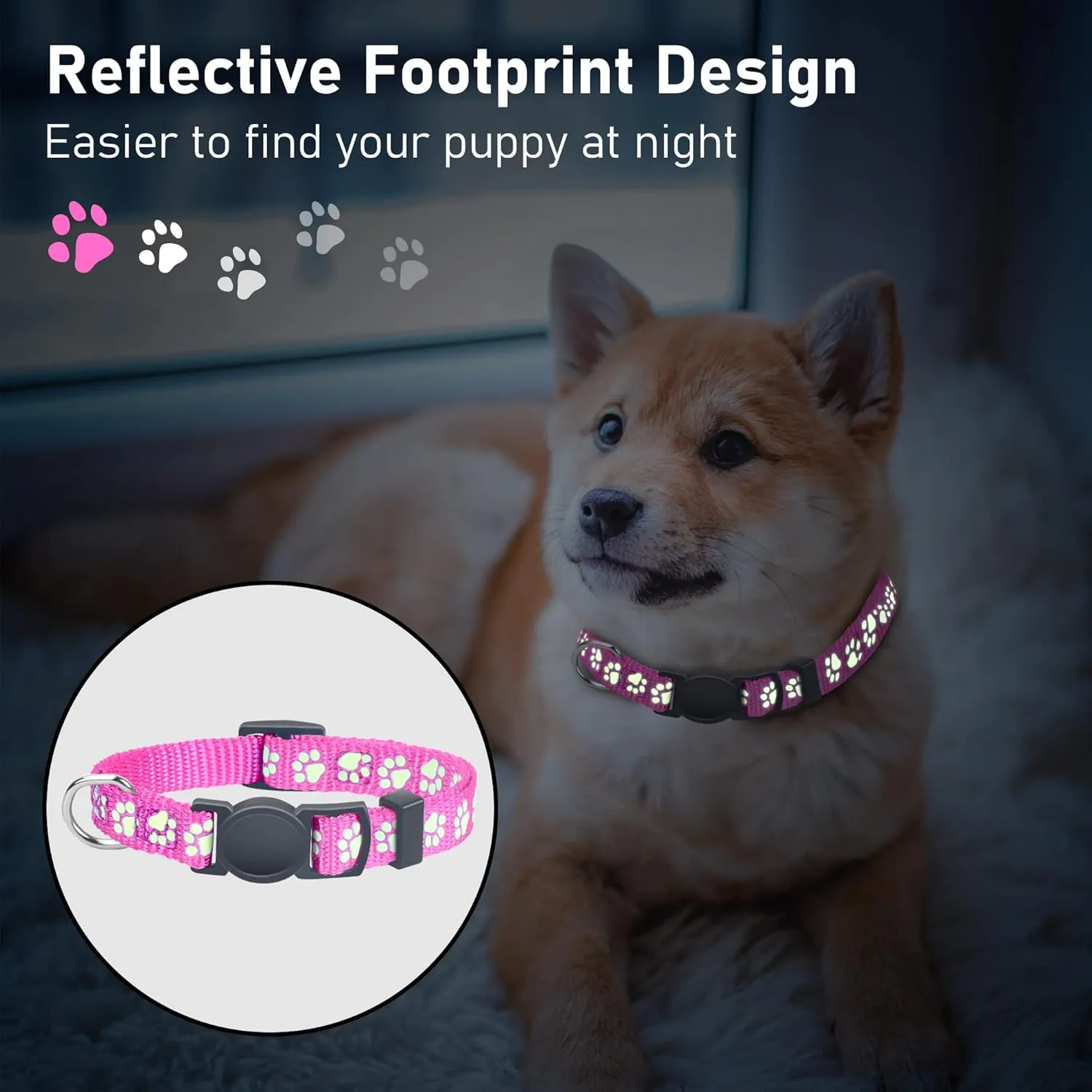 GAMUDA 12Pcs Reflective Puppy Collars - Soft Nylon Whelping ID Collars Glow in The Dark, Adjustable Breakaway Litter With 2 Record Keeping Charts (Reflective, S)