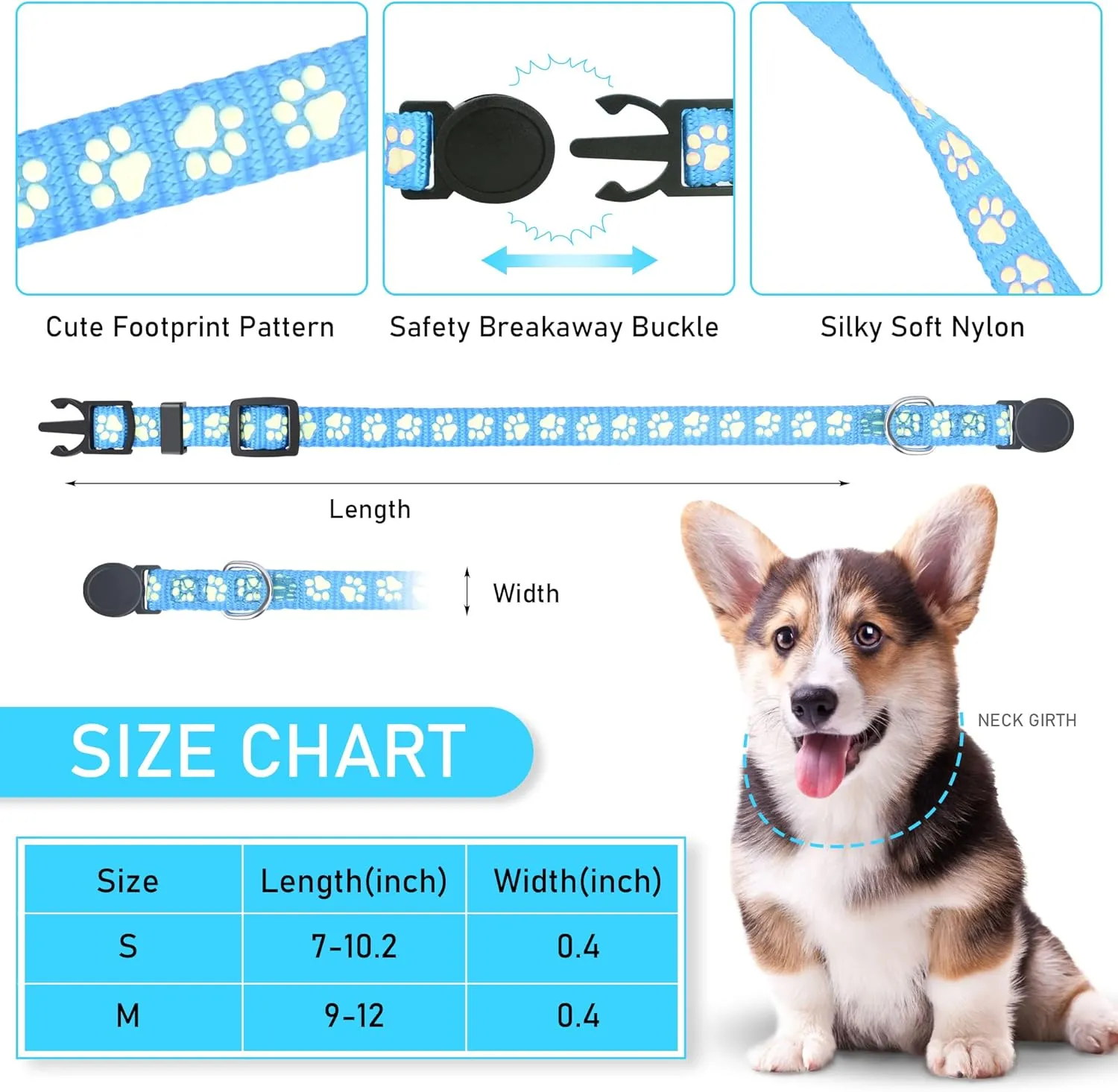 GAMUDA 12Pcs Reflective Puppy Collars - Soft Nylon Whelping ID Collars Glow in The Dark, Adjustable Breakaway Litter With 2 Record Keeping Charts (Reflective, S)