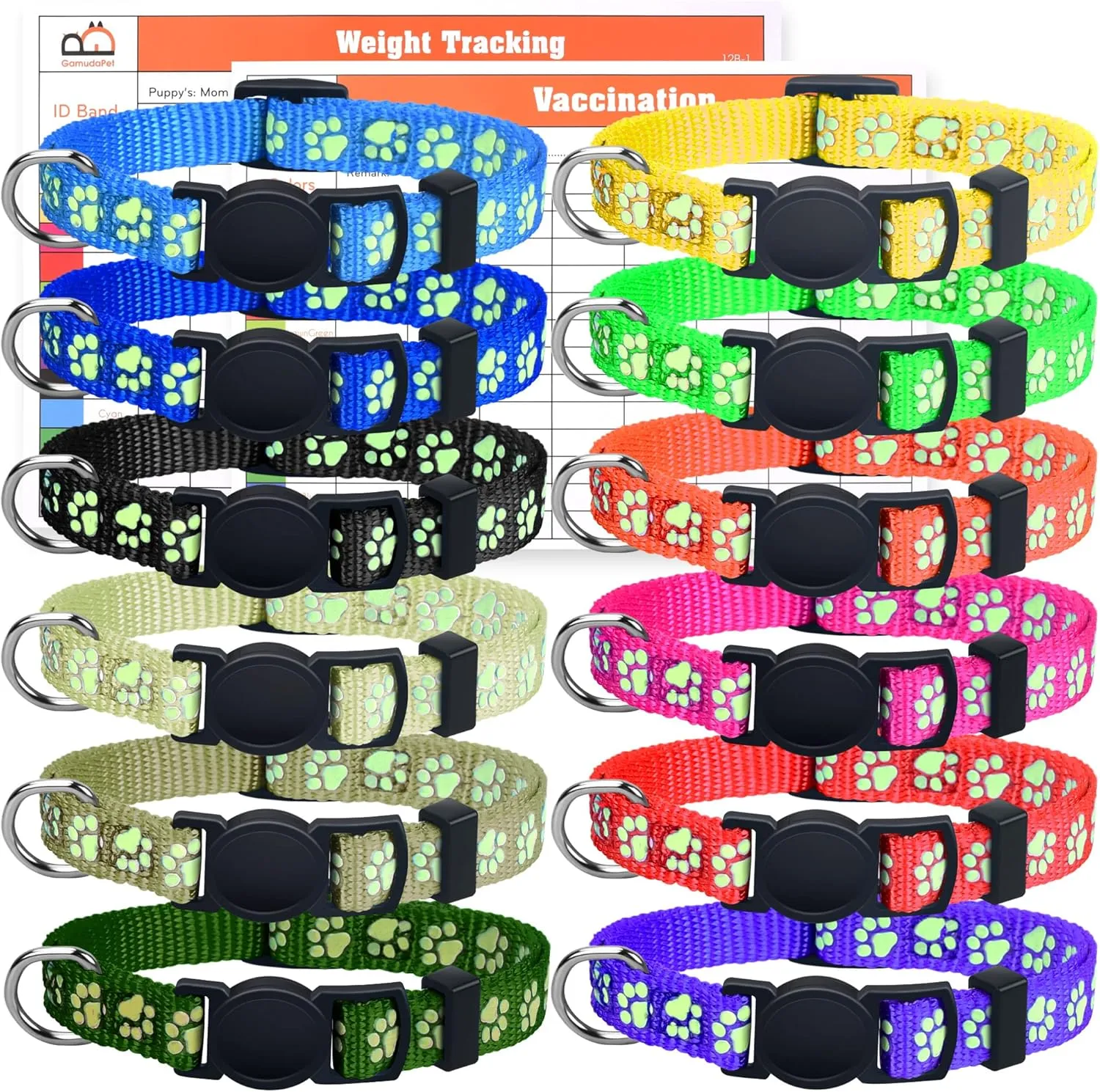 GAMUDA 12Pcs Reflective Puppy Collars - Soft Nylon Whelping ID Collars Glow in The Dark, Adjustable Breakaway Litter With 2 Record Keeping Charts (Reflective, S)