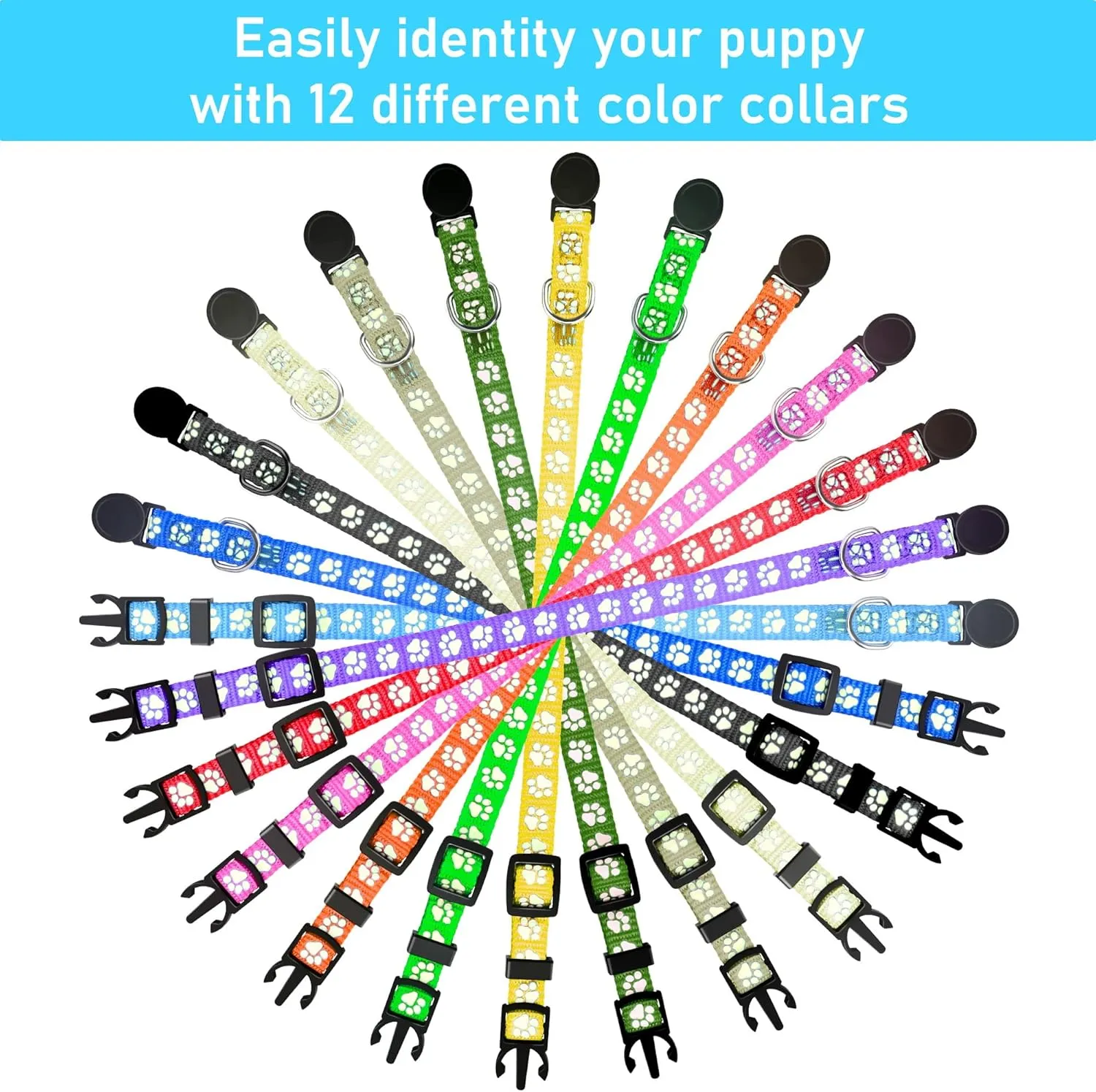 GAMUDA 12Pcs Reflective Puppy Collars - Soft Nylon Whelping ID Collars Glow in The Dark, Adjustable Breakaway Litter With 2 Record Keeping Charts (Reflective, S)