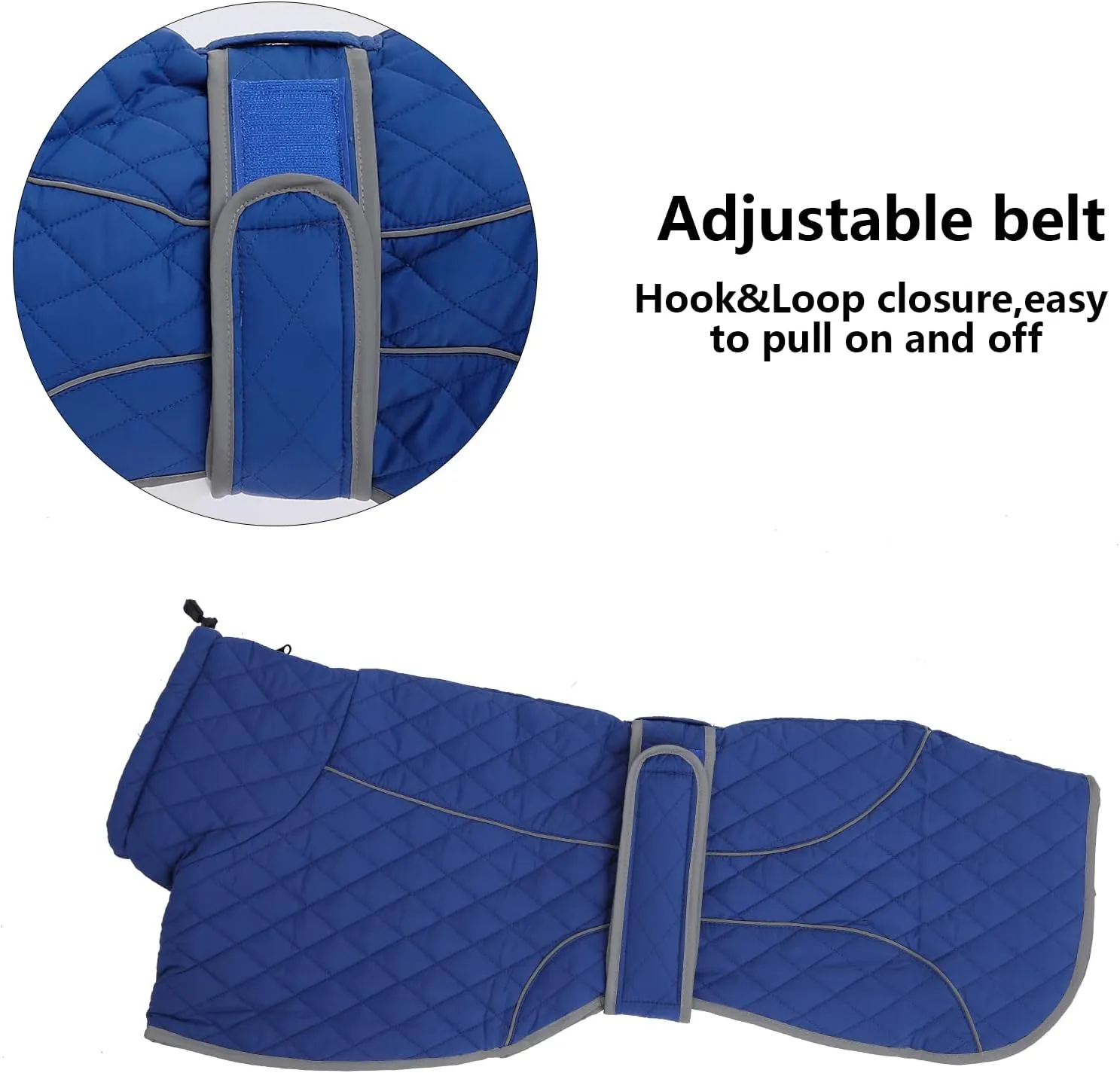 Greyhound Winter Coat, Whippet Coat with Padded Fleece Lining, Water Resistant Dog Jacket with Hook and Loop Closure and Reflective Trim Safety - Navy - Small