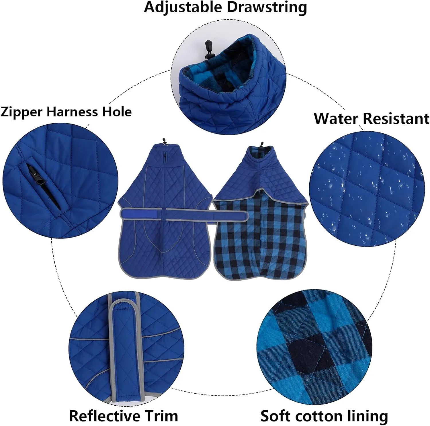 Greyhound Winter Coat, Whippet Coat with Padded Fleece Lining, Water Resistant Dog Jacket with Hook and Loop Closure and Reflective Trim Safety - Navy - Small