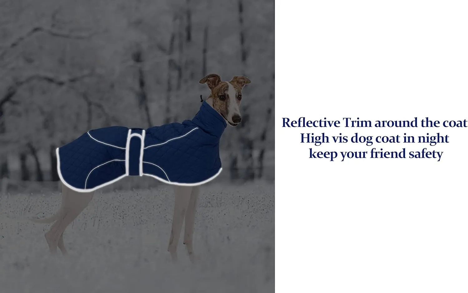 Greyhound Winter Coat, Whippet Coat with Padded Fleece Lining, Water Resistant Dog Jacket with Hook and Loop Closure and Reflective Trim Safety - Navy - Small